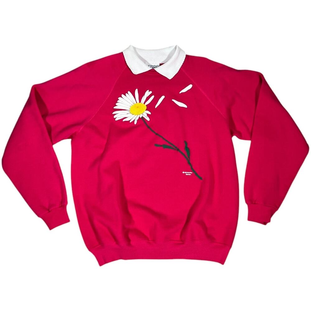 Vintage Women's Sweatshirt XL 90s Grannycore Daisy Puff Print Pullover Logo